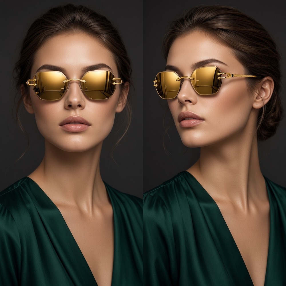 Rimless Women Sunglasses Gold Mirror Lens UV400 Octagon Metal Frame Luxury Gafas